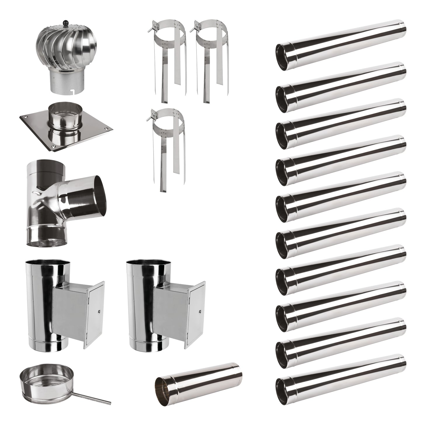 Edelstahlschornstein Bausatz Einwandig 11,9 m mit 2 Reinigungselementen - Ø200 mm - 0,6 mm Sanierungsbausatz einwandig Abgasrohr Sanierung mit drehbarer Schornsteinaufsatz