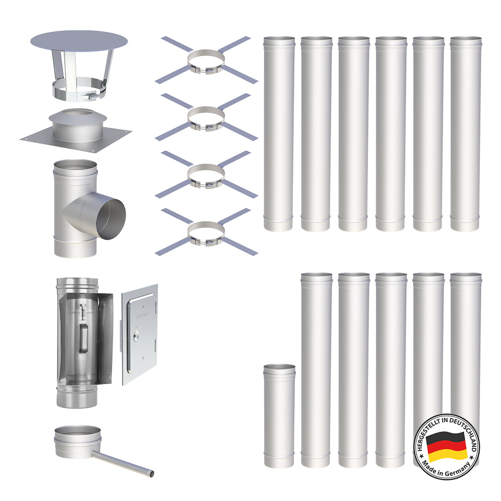 Edelstahlschornstein Bausatz Einwandig 12,5 m - Ø200 mm - 0,6 mm - V4A, V2A -  Sanierungsbausatz einwandig Abgasrohr Sanierung EW-FU Jeremias