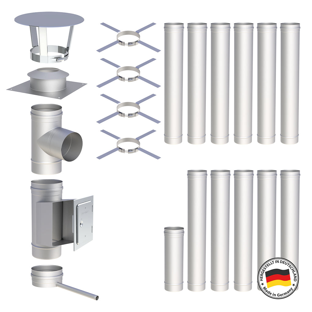 Edelstahlschornstein Bausatz Einwandig 12,5 m - Ø200 mm - 0,6 mm - V4A, V2A -  Sanierungsbausatz einwandig Abgasrohr Sanierung EW-FU Jeremias