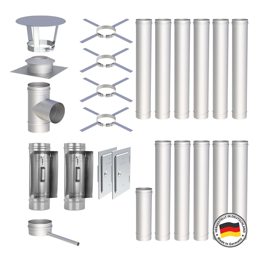 Edelstahlschornstein Bausatz Einwandig 12,9 m - Ø120 mm - 0,6 mm - V4A, V2A -  Sanierungsbausatz einwandig Abgasrohr Sanierung EW-FU Jeremias