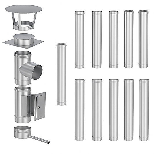 Edelstahlschornstein Bausatz Einwandig 12 m - Ø130 mm - 0,6 mm - V4A, V2A -  Sanierungsbausatz einwandig Abgasrohr Sanierung EW-FU Jeremias