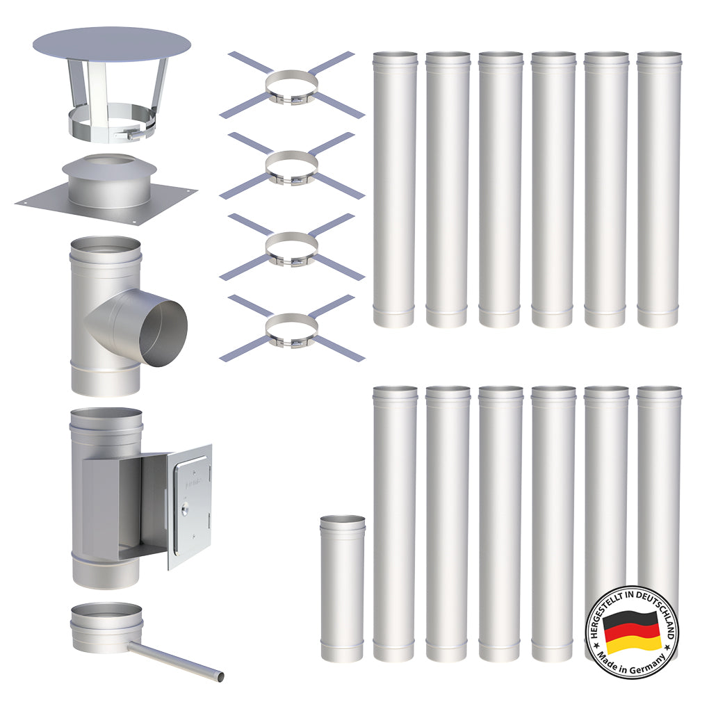 Edelstahlschornstein Bausatz Einwandig 13,5 m - Ø120 mm - 0,6 mm - V4A, V2A -  Sanierungsbausatz einwandig Abgasrohr Sanierung EW-FU Jeremias