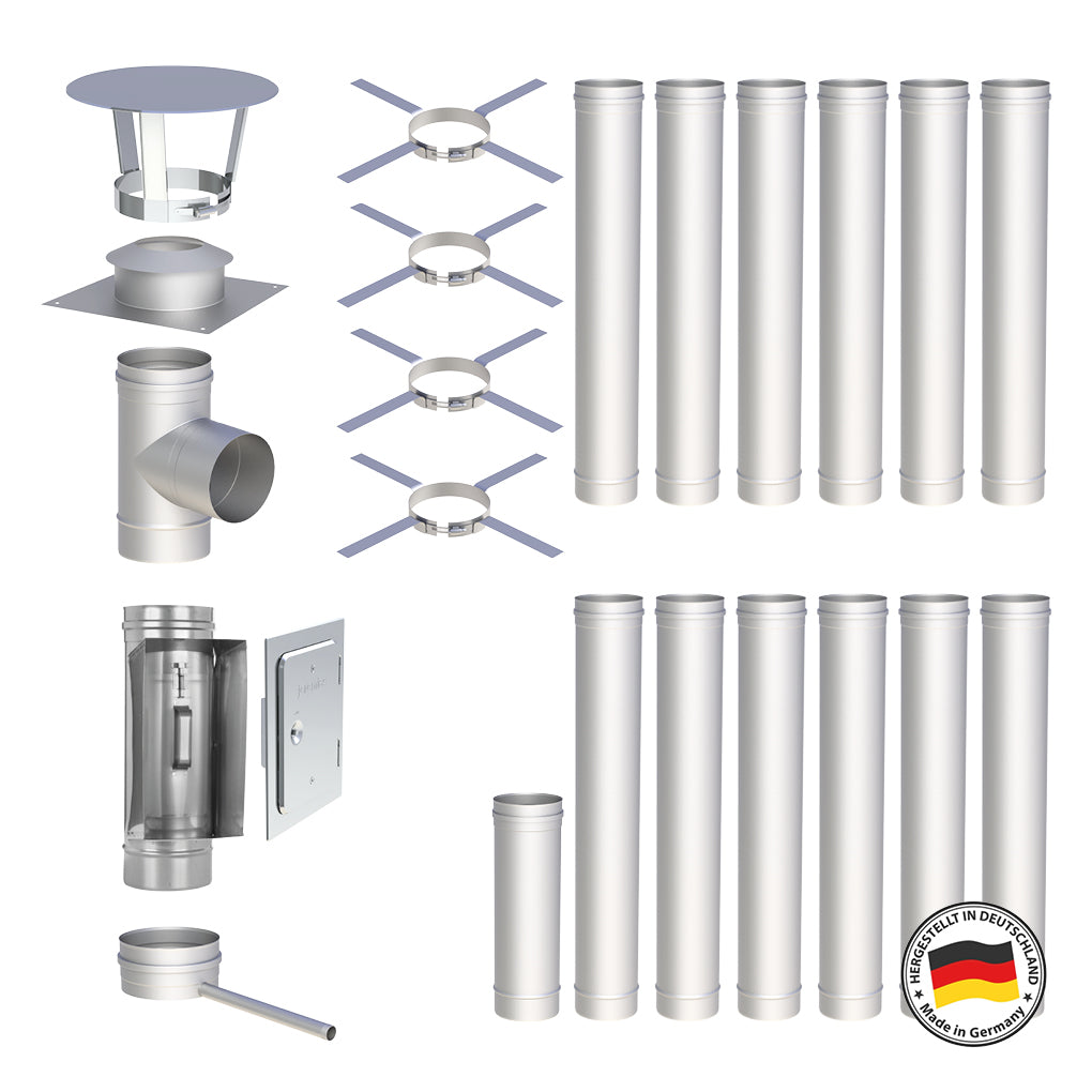 Edelstahlschornstein Bausatz Einwandig 13,5 m - Ø120 mm - 0,6 mm - V4A, V2A -  Sanierungsbausatz einwandig Abgasrohr Sanierung EW-FU Jeremias