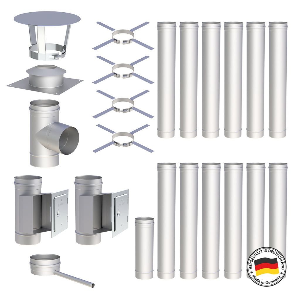 Edelstahlschornstein Bausätze Konfigurator Einwandig - Ø120 mm , Ø130 mm , Ø150 mm , Ø160 mm , Ø180 mm , Ø200 mm - V4A, V2A