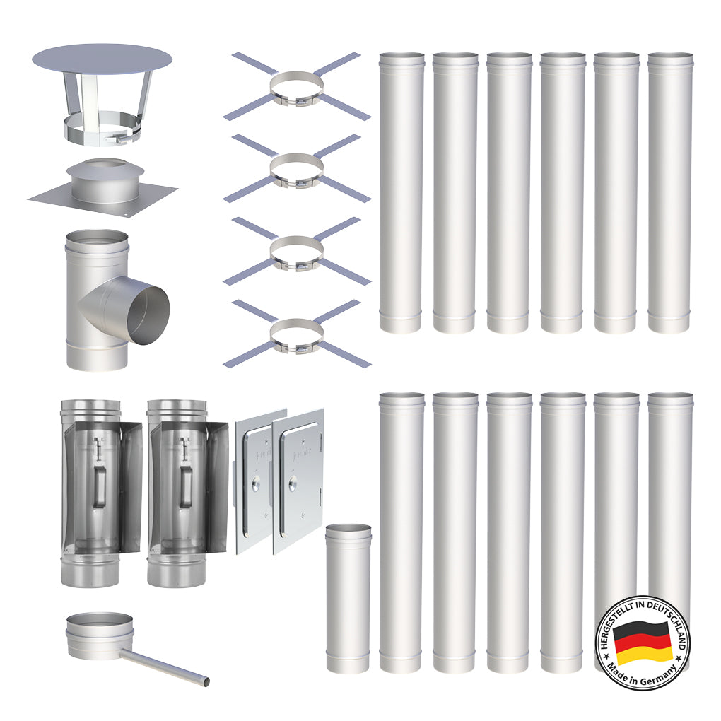 Edelstahlschornstein Bausätze Konfigurator Einwandig - Ø120 mm , Ø130 mm , Ø150 mm , Ø160 mm , Ø180 mm , Ø200 mm - V4A, V2A
