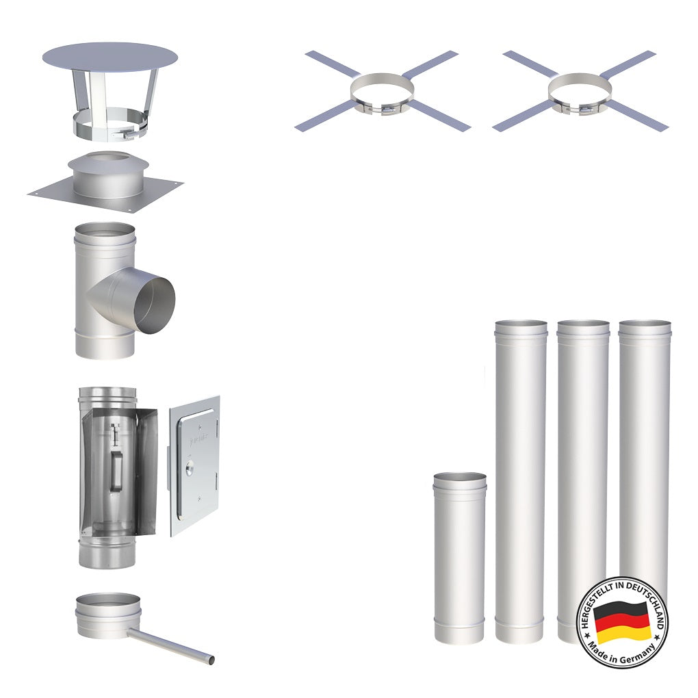 Edelstahlschornstein Bausätze Konfigurator Einwandig - Ø120 mm , Ø130 mm , Ø150 mm , Ø160 mm , Ø180 mm , Ø200 mm - V4A, V2A