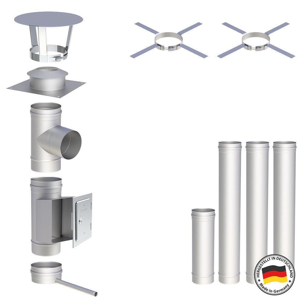 Edelstahlschornstein Bausätze Konfigurator Einwandig - Ø120 mm , Ø130 mm , Ø150 mm , Ø160 mm , Ø180 mm , Ø200 mm - V4A, V2A