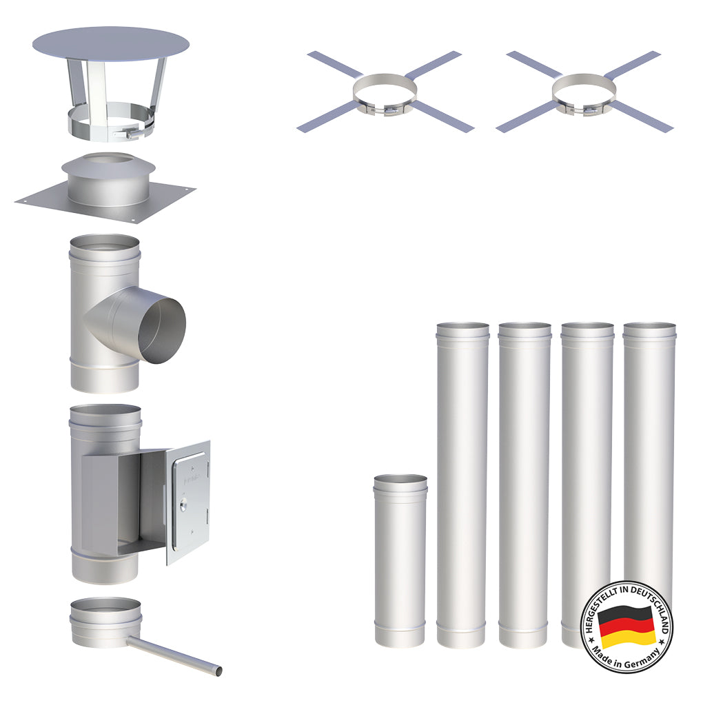 Edelstahlschornstein Bausätze Konfigurator Einwandig - Ø120 mm , Ø130 mm , Ø150 mm , Ø160 mm , Ø180 mm , Ø200 mm - V4A, V2A