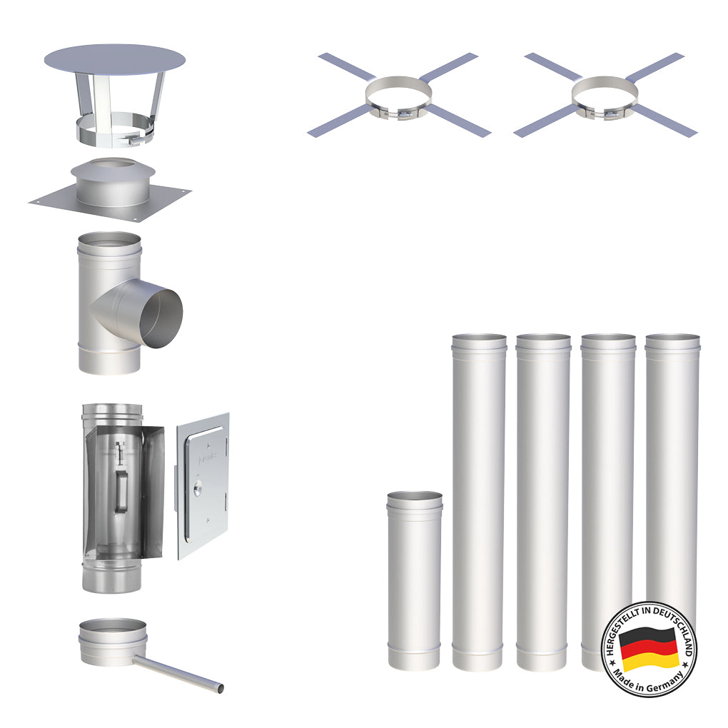 Edelstahlschornstein Bausatz Einwandig 5,5 m - Ø150 mm - 0,6 mm - V4A, V2A -  Sanierungsbausatz einwandig Abgasrohr Sanierung EW-FU Jeremias