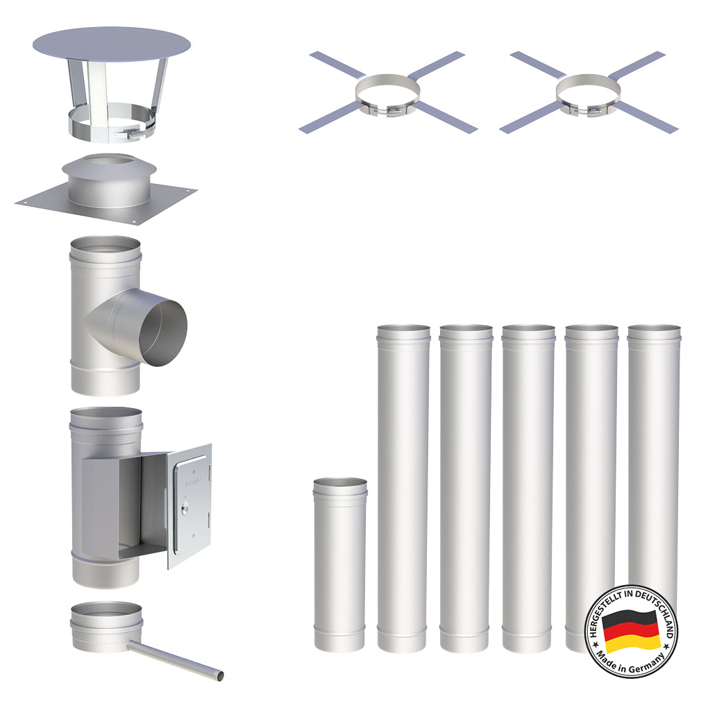 Edelstahlschornstein Bausatz Einwandig 6,5 m - Ø200 mm - 0,6 mm - V4A, V2A -  Sanierungsbausatz einwandig Abgasrohr Sanierung EW-FU Jeremias