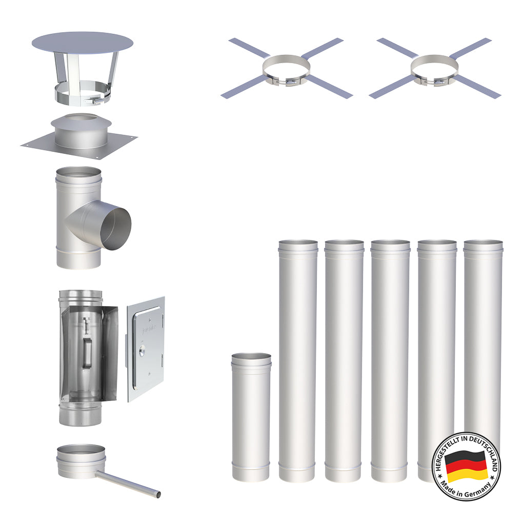 Edelstahlschornstein Bausätze Konfigurator Einwandig - Ø120 mm , Ø130 mm , Ø150 mm , Ø160 mm , Ø180 mm , Ø200 mm - V4A, V2A