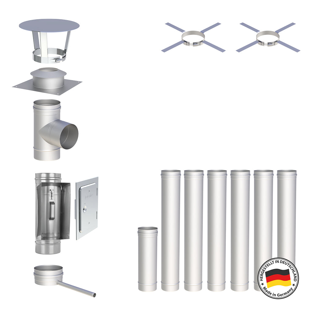 Edelstahlschornstein Bausatz Einwandig 7,5 m - Ø200 mm - 0,6 mm - V4A, V2A -  Sanierungsbausatz einwandig Abgasrohr Sanierung EW-FU Jeremias