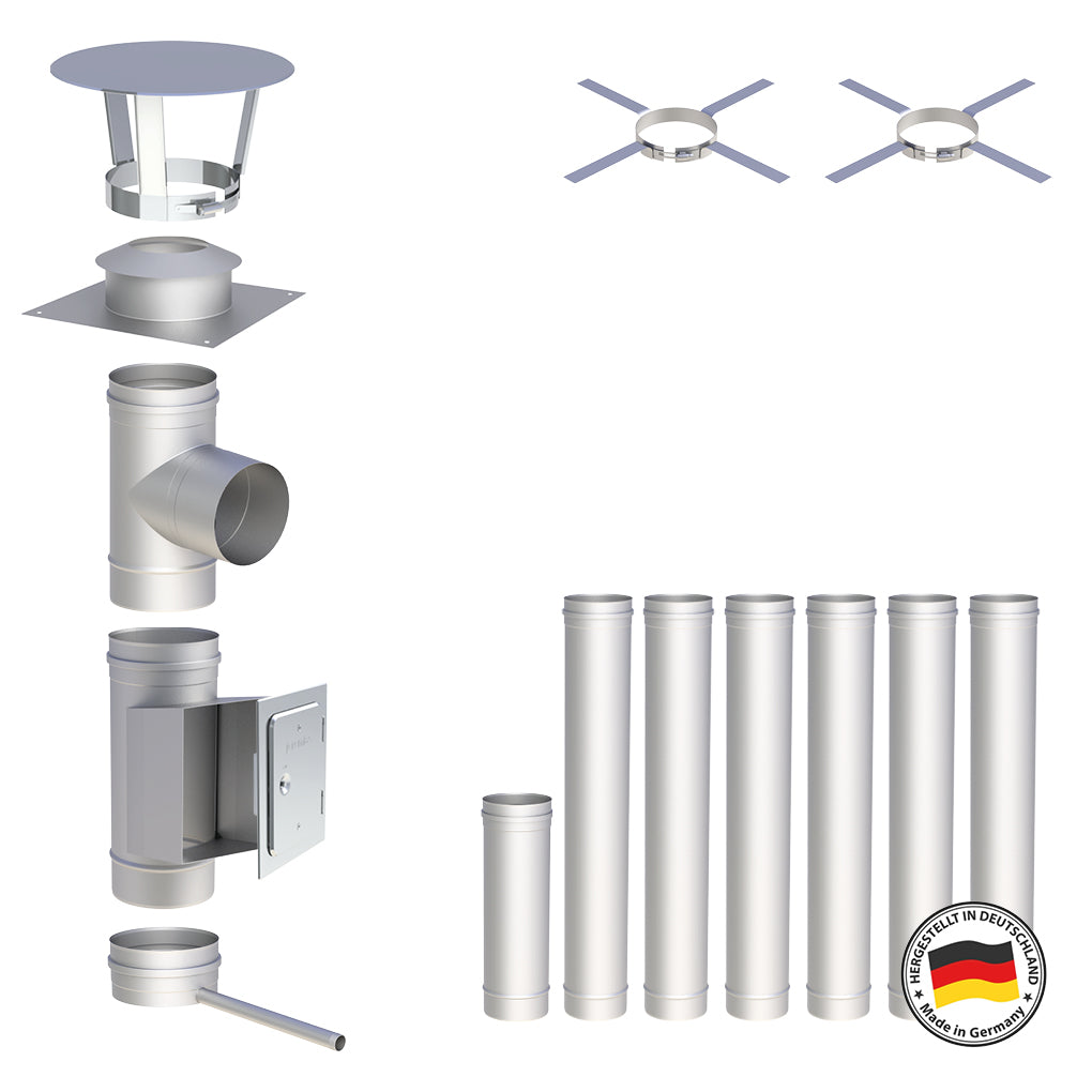 Edelstahlschornstein Bausätze Konfigurator Einwandig - Ø120 mm , Ø130 mm , Ø150 mm , Ø160 mm , Ø180 mm , Ø200 mm - V4A, V2A