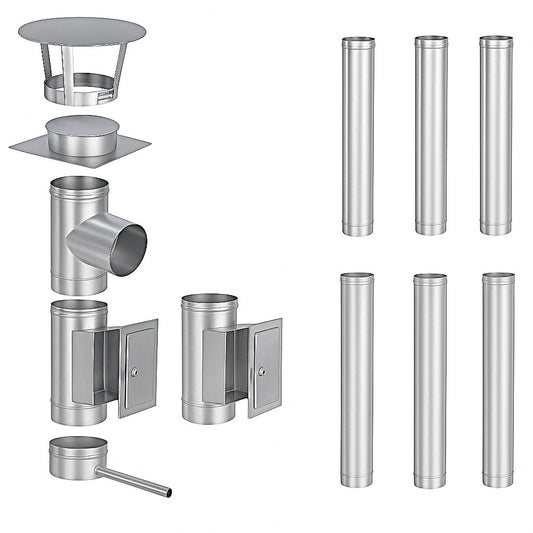 Edelstahlschornstein Bausatz Einwandig 7,4 m - Ø150 mm - 0,6 mm - V4A, V2A -  Sanierungsbausatz einwandig Abgasrohr Sanierung EW-FU Jeremias