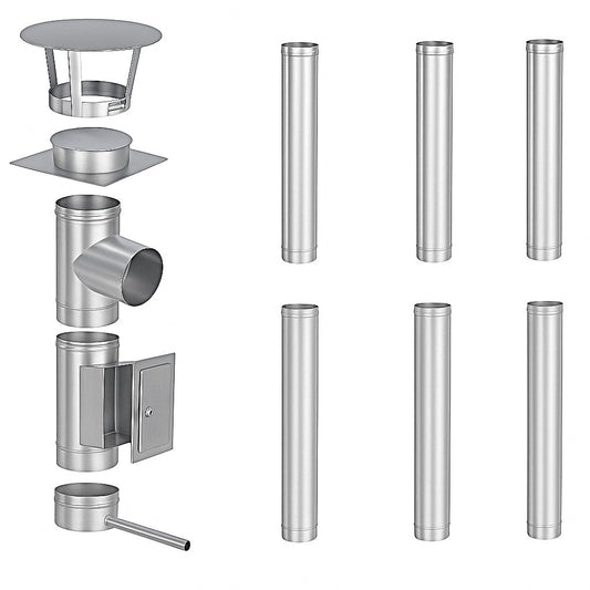 Edelstahlschornstein Bausatz Einwandig 6 m - Ø130 mm - 0,6 mm - V4A, V2A -  Sanierungsbausatz einwandig Abgasrohr Sanierung EW-FU Jeremias