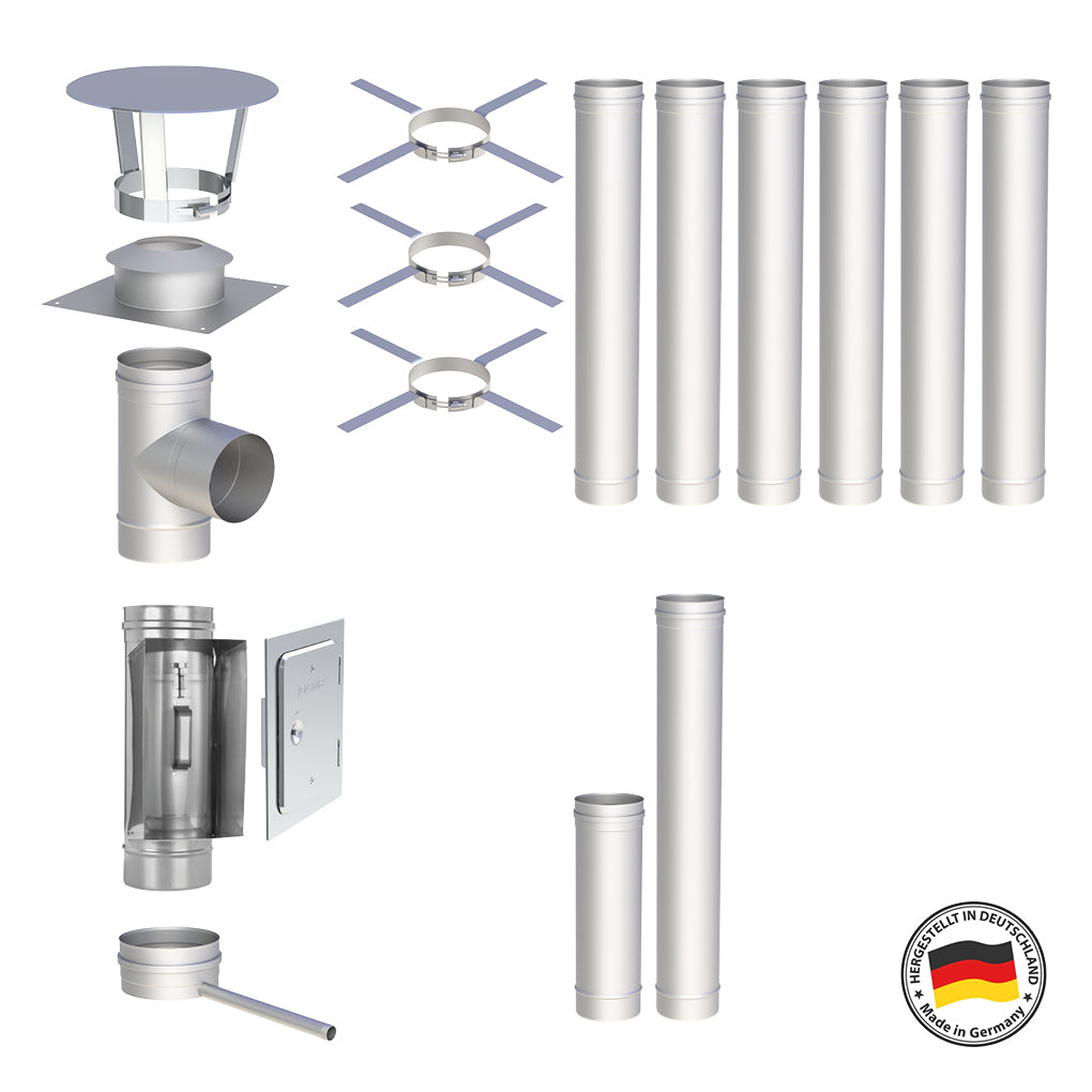 Edelstahlschornstein Bausatz Einwandig 8,5 m - Ø150 mm - 0,6 mm - V4A, V2A -  Sanierungsbausatz einwandig Abgasrohr Sanierung EW-FU Jeremias