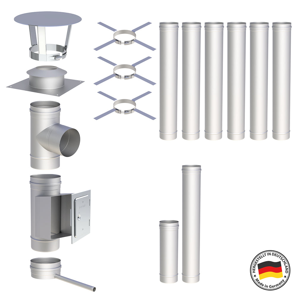 Edelstahlschornstein Bausätze Konfigurator Einwandig - Ø120 mm , Ø130 mm , Ø150 mm , Ø160 mm , Ø180 mm , Ø200 mm - V4A, V2A