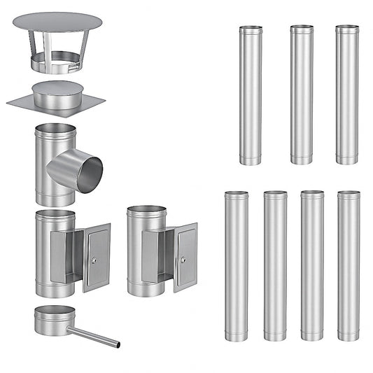Edelstahlschornstein Bausatz Einwandig 8,4 m - Ø150 mm - 0,6 mm - V4A, V2A -  Sanierungsbausatz einwandig Abgasrohr Sanierung EW-FU Jeremias