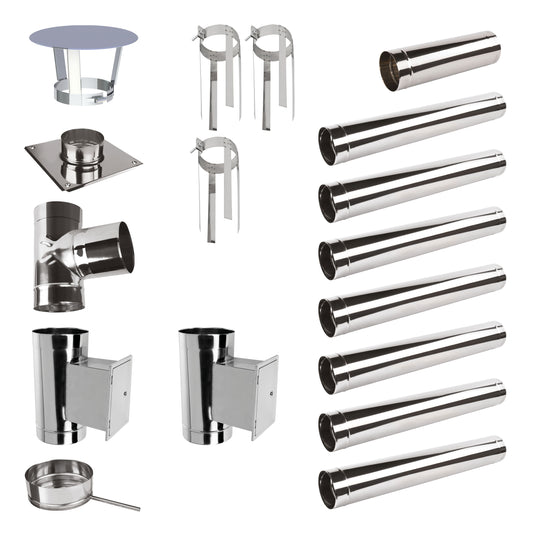 Edelstahlschornstein Bausatz Einwandig 8,9 m mit 2 Reinigungselement - Ø200 mm - 0,6 mm Sanierungsbausatz einwandig Abgasrohr Sanierung