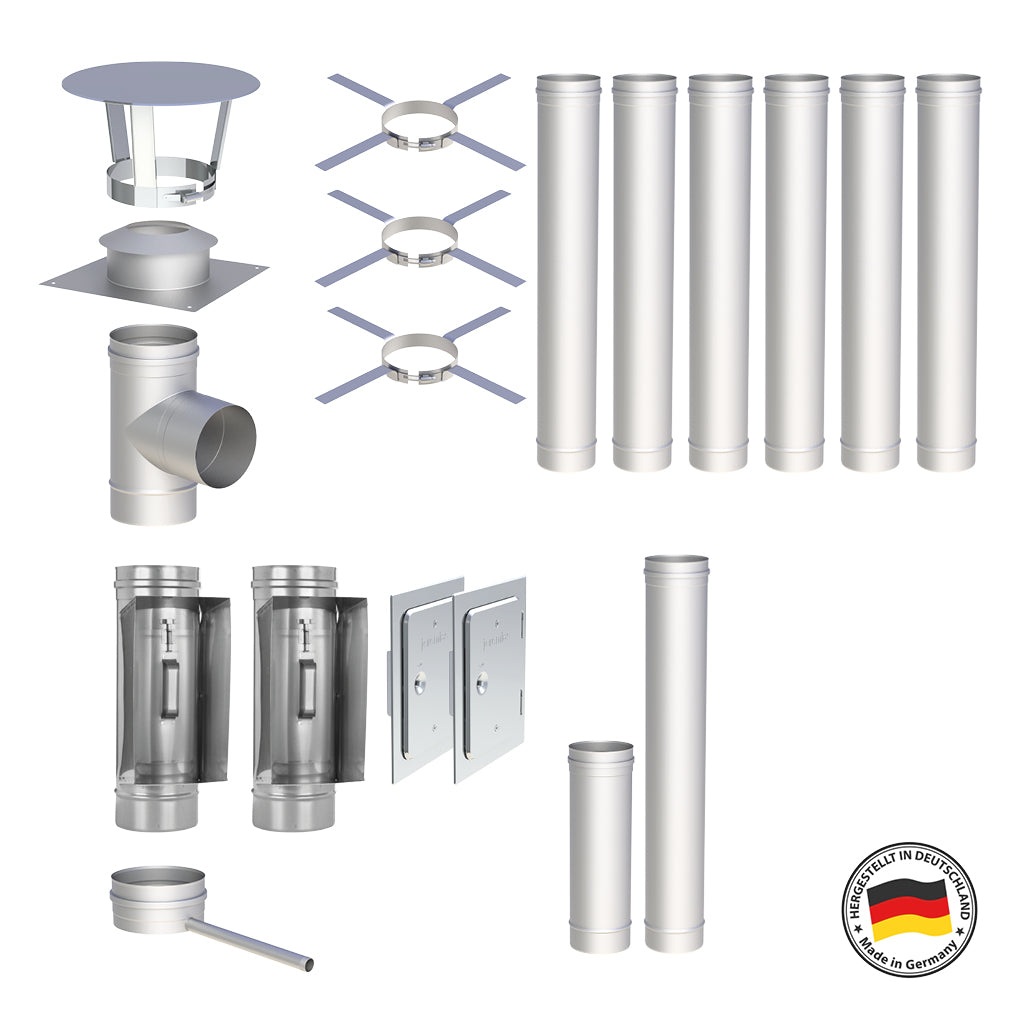 Edelstahlschornstein Bausatz Einwandig 8,9 m - Ø150 mm - 0,6 mm - V4A, V2A -  Sanierungsbausatz einwandig Abgasrohr Sanierung EW-FU Jeremias