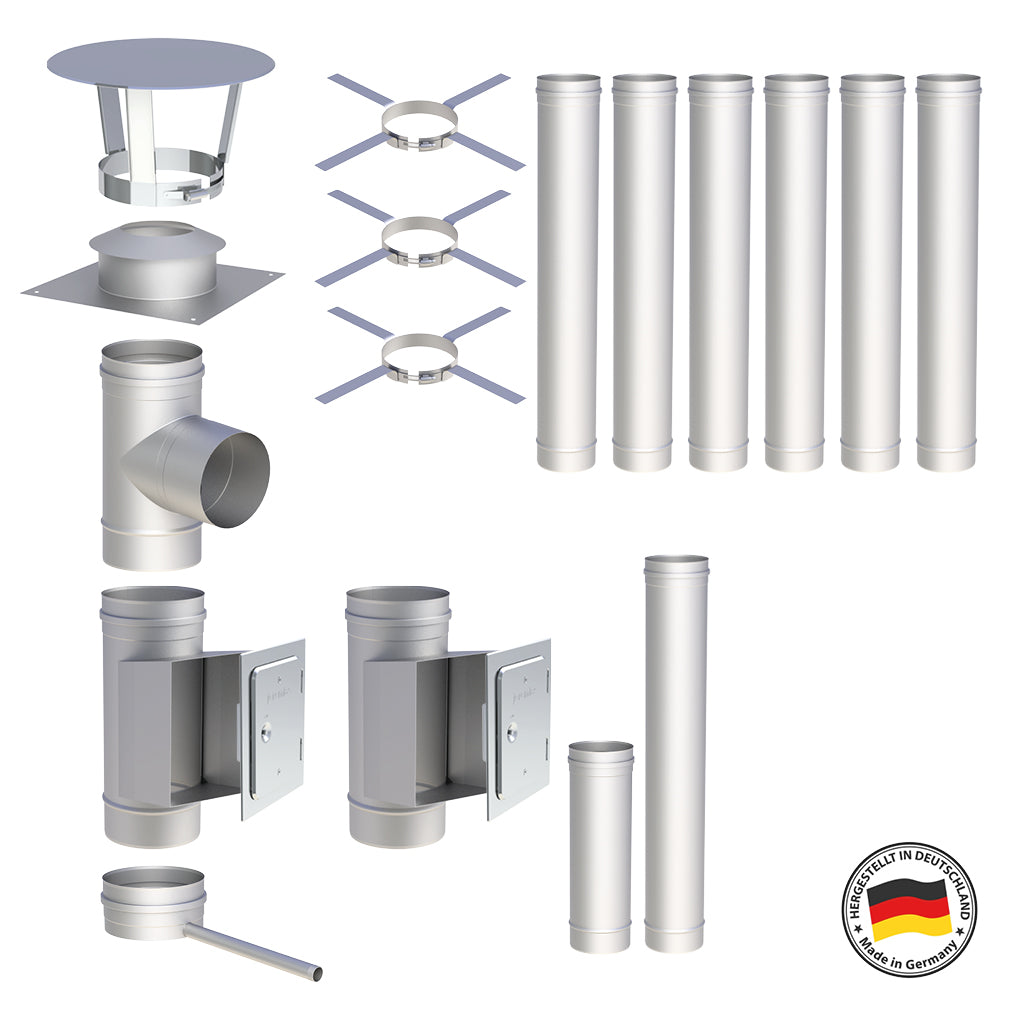 Edelstahlschornstein Bausätze Konfigurator Einwandig - Ø120 mm , Ø130 mm , Ø150 mm , Ø160 mm , Ø180 mm , Ø200 mm - V4A, V2A