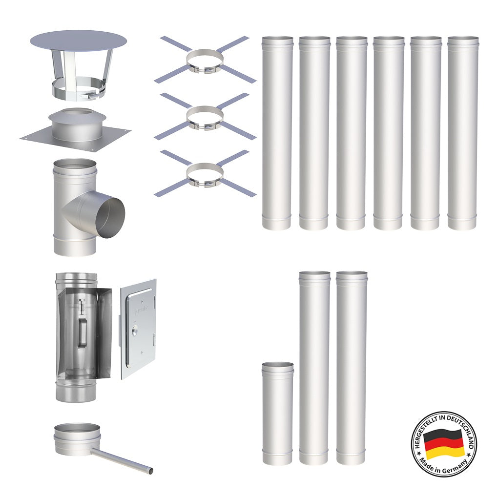 Edelstahlschornstein Bausatz Einwandig 9,5 m - Ø120 mm - 0,6 mm - V4A, V2A -  Sanierungsbausatz einwandig Abgasrohr Sanierung EW-FU Jeremias