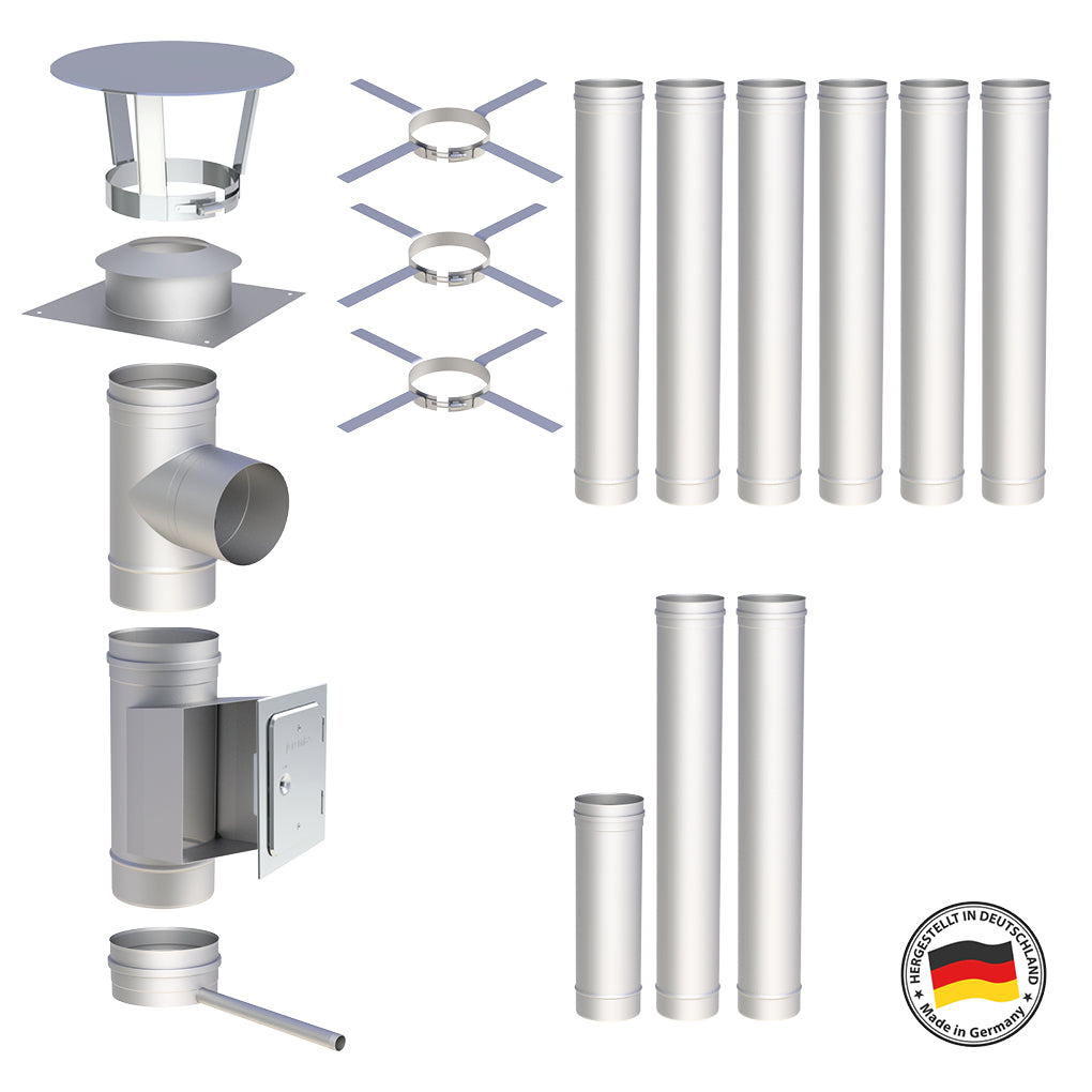 Edelstahlschornstein Bausatz Einwandig 9,5 m - Ø120 mm - 0,6 mm - V4A, V2A -  Sanierungsbausatz einwandig Abgasrohr Sanierung EW-FU Jeremias