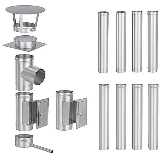 Edelstahlschornstein Bausatz Einwandig 9,4 m - Ø150 mm - 0,6 mm - V4A, V2A -  Sanierungsbausatz einwandig Abgasrohr Sanierung EW-FU Jeremias