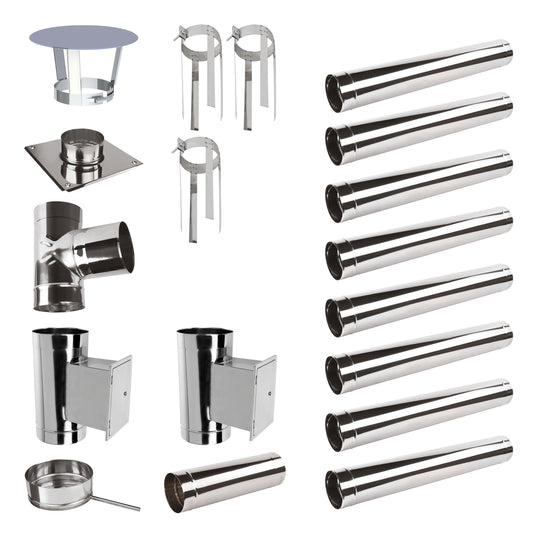 Edelstahlschornstein Bausatz Einwandig 9,9 m mit 2 Reinigungselement - Ø200 mm - 0,6 mm Sanierungsbausatz einwandig Abgasrohr Sanierung