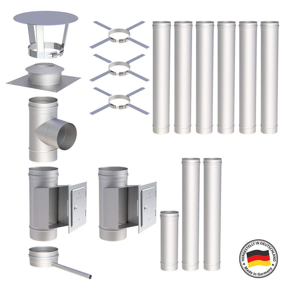 Edelstahlschornstein Bausatz Einwandig 9,9 m - Ø160 mm - 0,6 mm - V4A, V2A -  Sanierungsbausatz einwandig Abgasrohr Sanierung EW-FU Jeremias