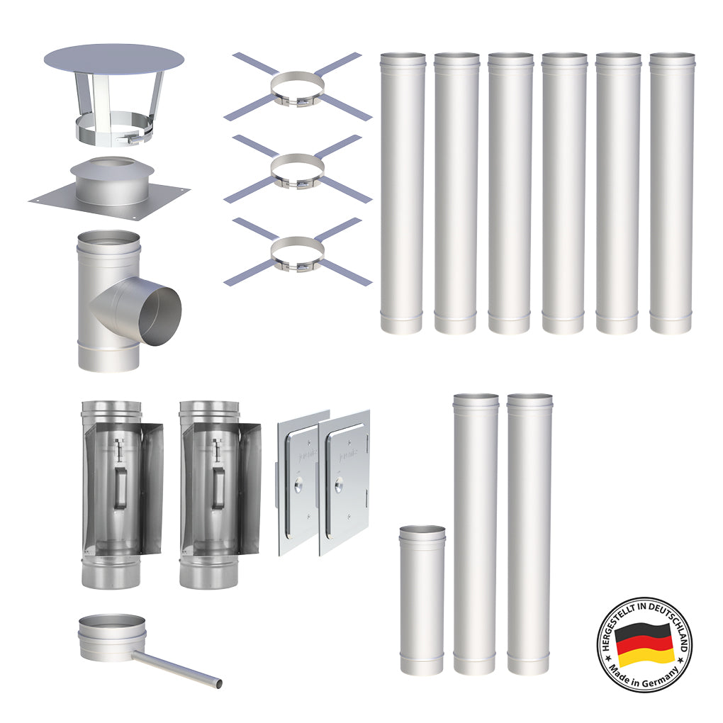 Edelstahlschornstein Bausatz Einwandig 9,9 m - Ø200 mm - 0,6 mm - V4A, V2A -  Sanierungsbausatz einwandig Abgasrohr Sanierung EW-FU Jeremias