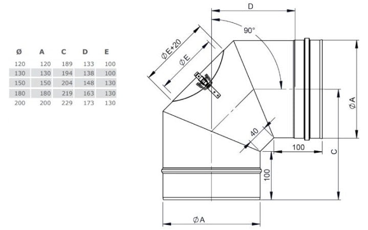 Edelstahl Bogen 90° starr mit Revision Ø130 mm - 0,6 mm - V4A, V2A - Abgasrohr Sanierung EW-FU Jeremias