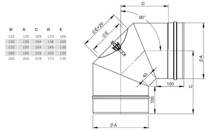 Edelstahl Bogen 90° starr mit Revision Ø150 mm - 0,6 mm - V4A, V2A - Abgasrohr Sanierung EW-FU Jeremias