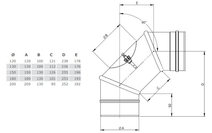 Edelstahl Bogen drehbar 0-90° mit Revision - Ø160 mm - 0,6 mm - V4A, V2A - Abgasrohr Sanierung EW-FU Jeremias