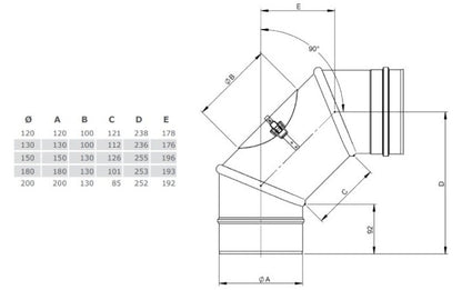 Edelstahl Bogen drehbar 0-90° mit Revision - Ø180 mm - 0,6 mm - V4A, V2A - Abgasrohr Sanierung EW-FU Jeremias