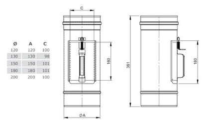 Edelstahl Reinigungselement mit Deckel 210 x 140 mm - Ø120 mm - 0,6 mm - V4A, V2A - Abgasrohr Sanierung EW-FU Jeremias