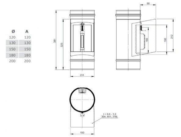 Edelstahl Reinigungselement mit Kasten und Deckel 210 x 140 mm - Ø130 mm - 0,6 mm - V4A, V2A - Abgasrohr Sanierung EW-FU Jeremias