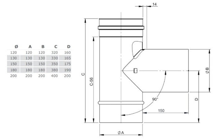 Edelstahl T-Klix 90° mit Wassernase - Ø150 mm - 0,6 mm - V4A, V2A - Abgasrohr Sanierung EW-FU Jeremias