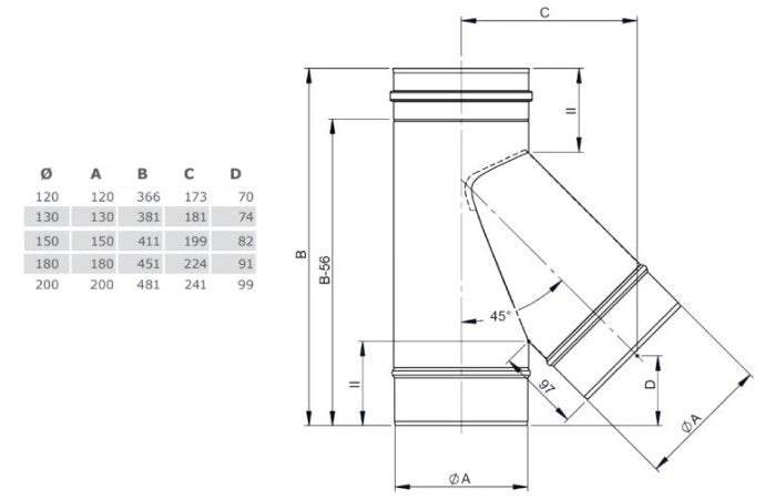 Edelstahl T-Anschluss / T-Stück 45° - Ø200 mm - 0,6 mm - V4A, V2A - Abgasrohr Sanierung EW-FU Jeremias