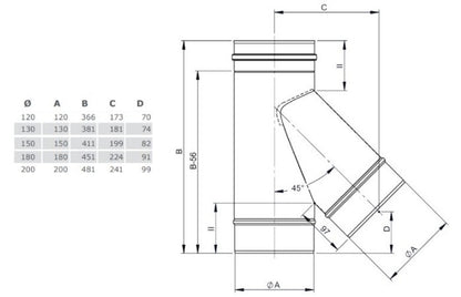 Edelstahl T-Anschluss / T-Stück 45° - Ø150 mm - 0,6 mm - V4A, V2A - Abgasrohr Sanierung EW-FU Jeremias