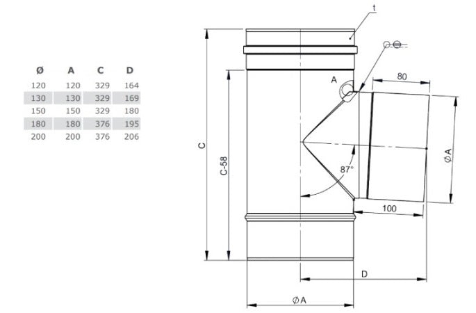 Edelstahl T-Anschluss / T-Stück 90° - Ø160 mm - 0,6 mm - V4A, V2A - Abgasrohr Sanierung EW-FU Jeremias