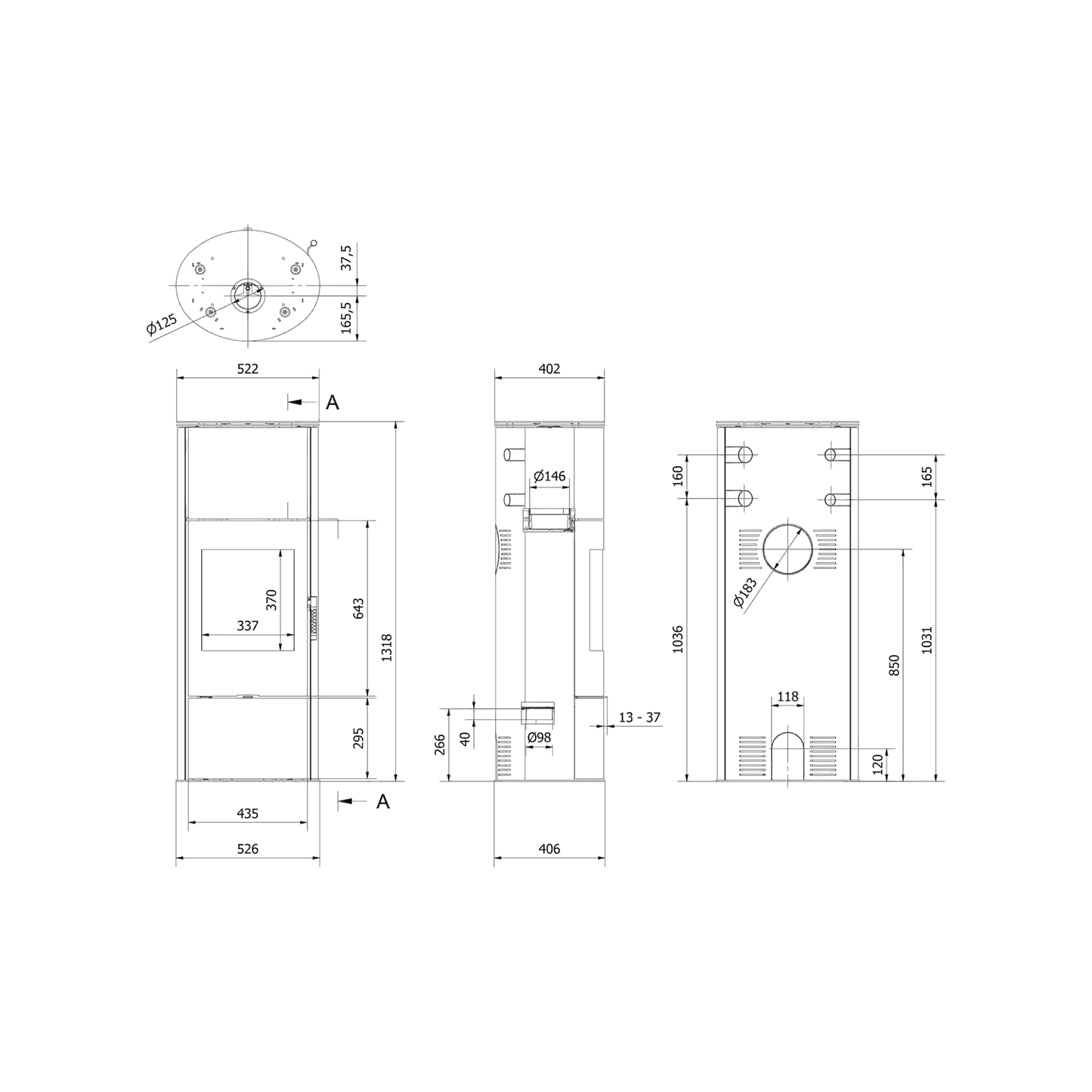 Kratki Kaminofen Rollo Hoch Schwarz Links 7 kW Ø150 BImSchV Stufe 2 Holzofen