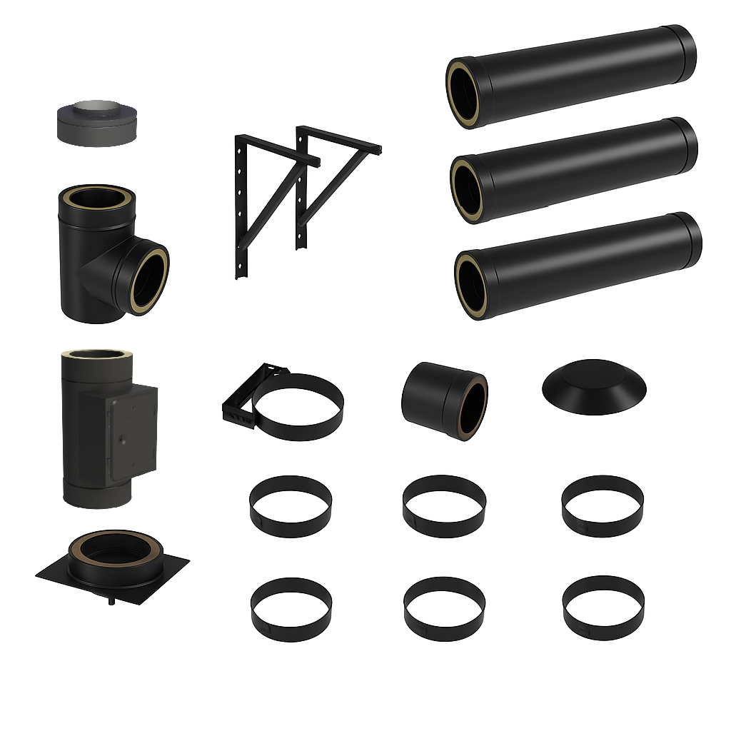 DW BLACK V2A Bausatz Doppelwandig Ø130 Höhe 4,2 m mit Mündungsabschluss - Jeremias DW-Black
