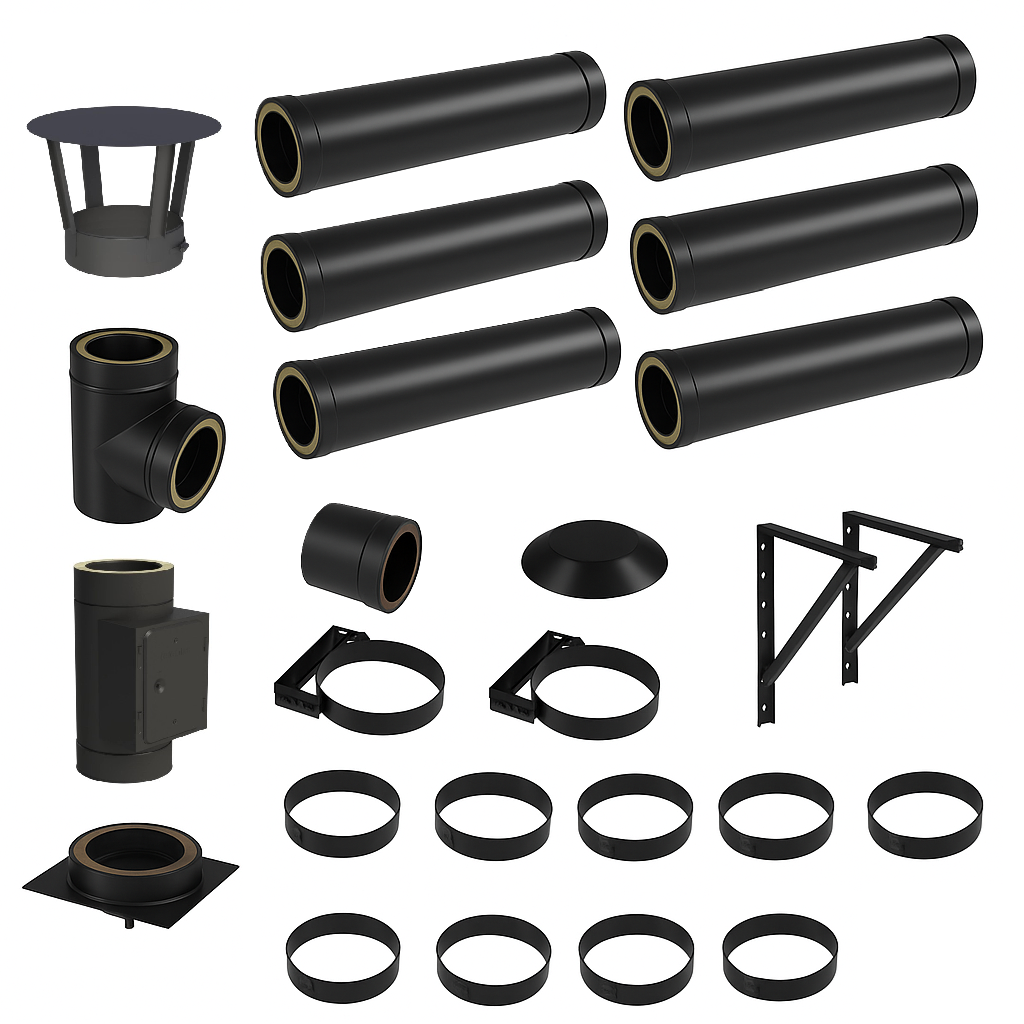 DW BLACK V2A Bausatz Doppelwandig Ø130 Höhe 7,2 m mit Regenhaube - Jeremias DW-Black