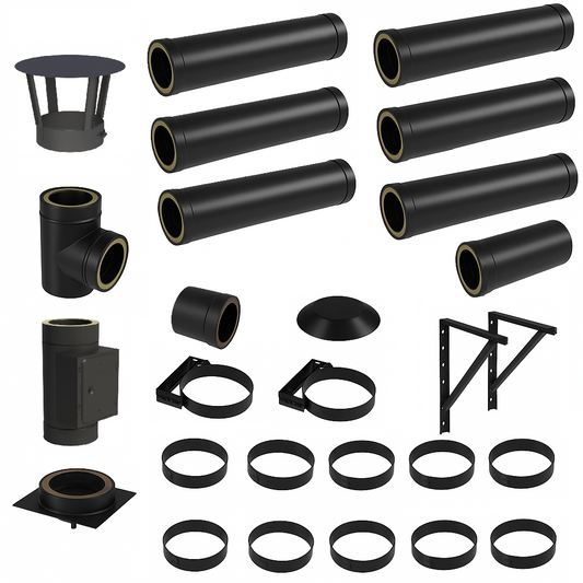 DW BLACK V2A Bausatz Doppelwandig Ø130 Höhe 7,7 m DW Bausatz mit Regenhaube - Jeremias DW-Black