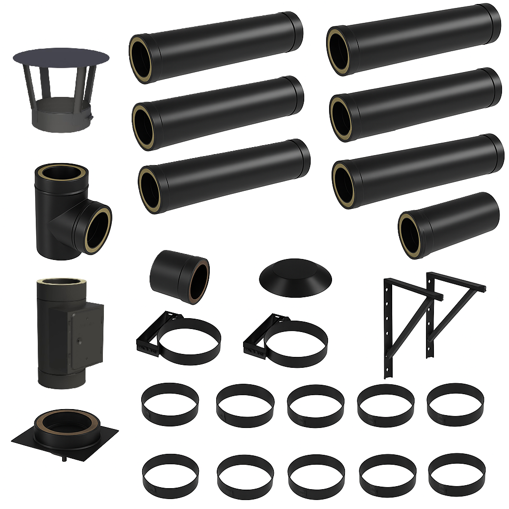 DW BLACK V2A Bausatz Doppelwandig Ø130 Höhe 7,7 m DW Bausatz mit Regenhaube - Jeremias DW-Black