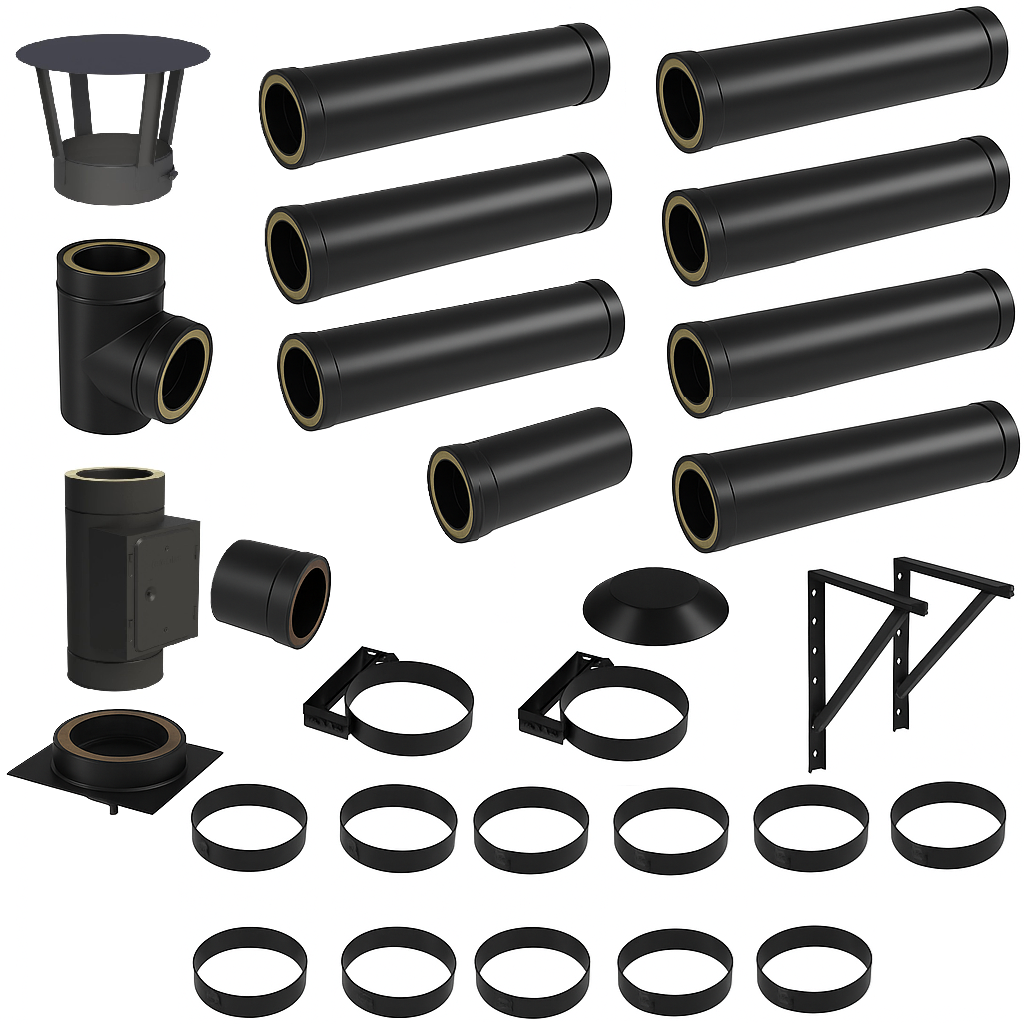 DW BLACK V2A Bausatz Doppelwandig Ø130 Höhe 8,7 m mit Regenhaube - Jeremias DW-Black