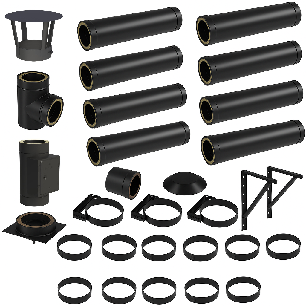 DW BLACK V2A Bausatz Doppelwandig Ø130 Höhe 9,2 m mit Regenhaube - Jeremias DW-Black