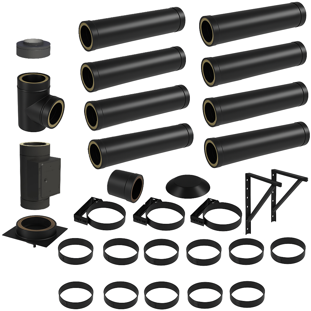 DW BLACK V2A Bausatz Doppelwandig Ø130 Höhe 9,2 m mit Mündungsabschluss - Jeremias DW-Black
