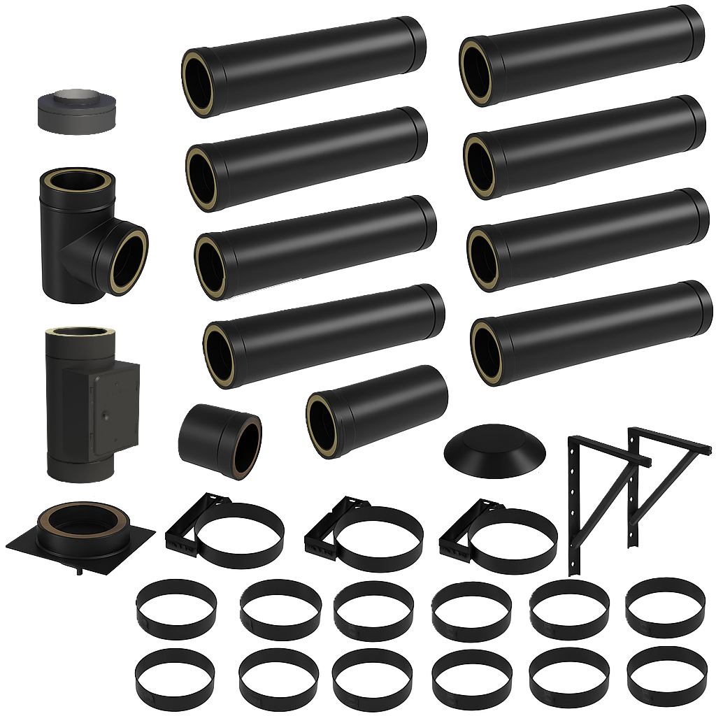 DW BLACK V2A Bausatz Doppelwandig Ø130 Höhe 9,7 m mit Mündungsabschluss - Jeremias DW-Black